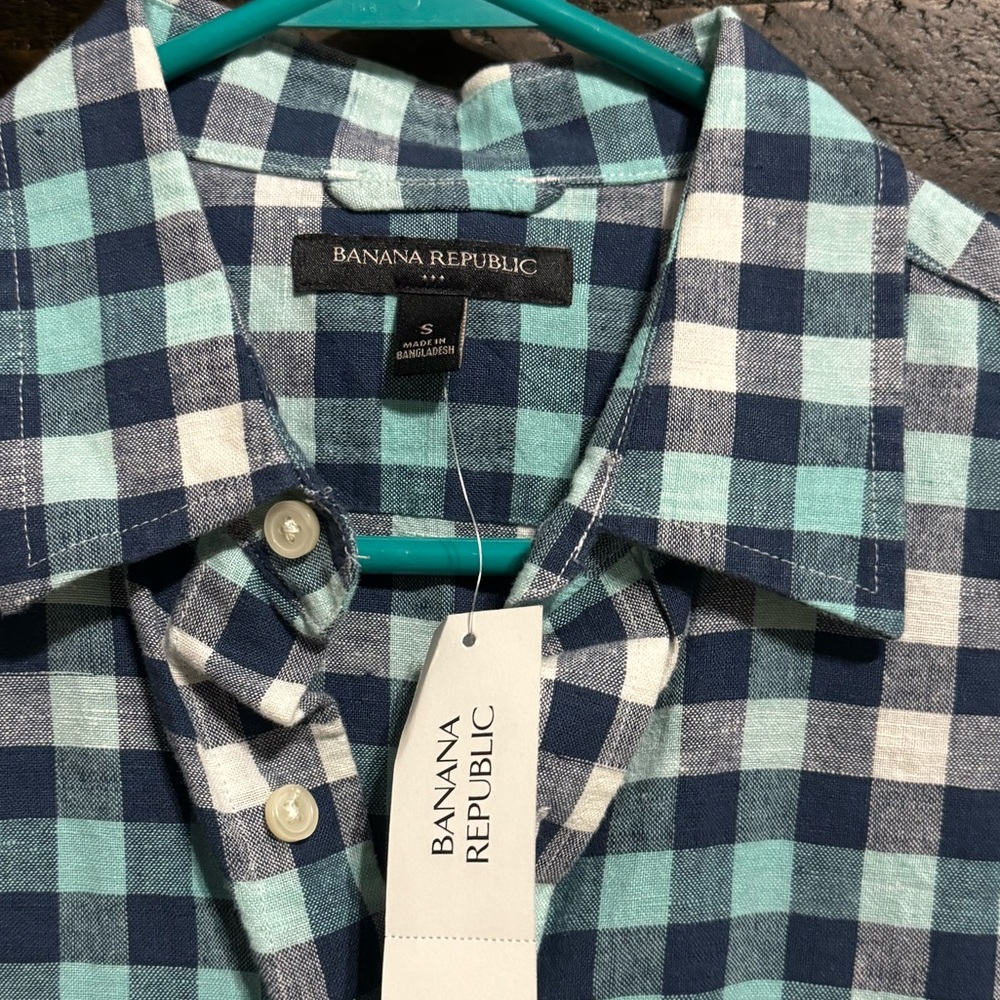 Banana Republic Plaid Button Down Short Sleeve Shirt Teal Blue green - Picture 3 of 7